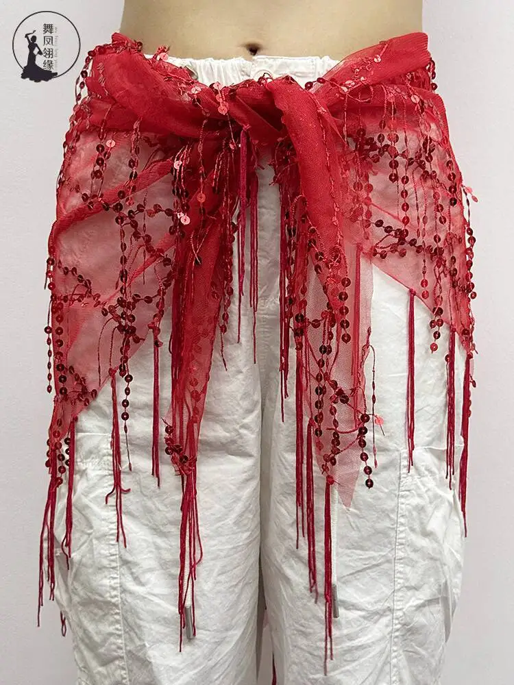 새로운 벨리댄스 허리 체인 벨트 태슬 글리터 삼각 붕대 숄 스카프 허리 장식 연습용 힙 타월