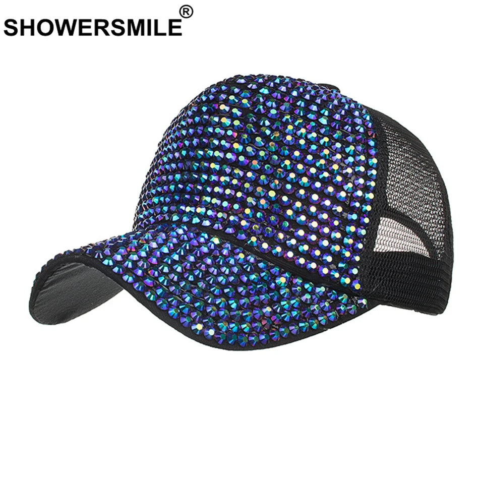 SHOWERSMILE Rhinestone Baseball Hats for Women Blue Bling Hat Diamond Female Summer Ladies Trucker Hat Mesh Cap Snapback Hip Hop