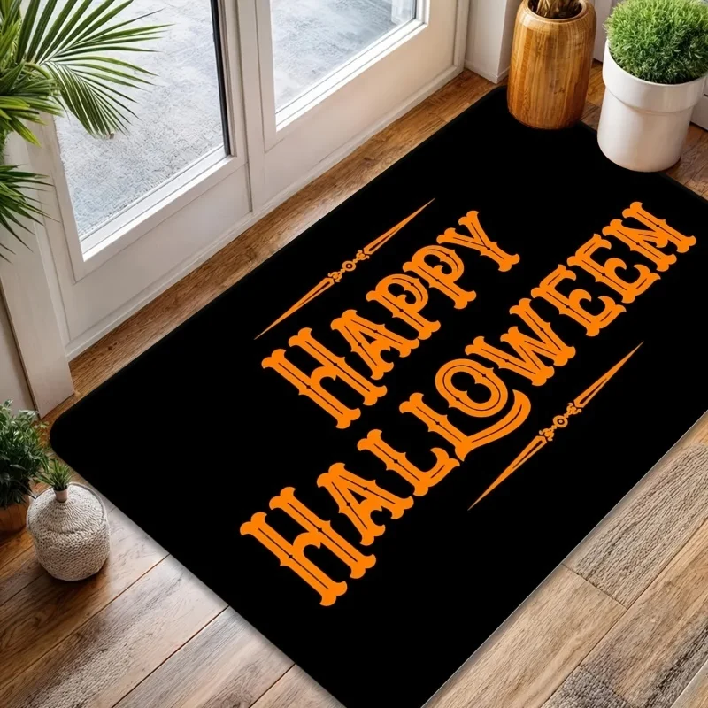 Newest Orange Happy Halloween Ghost Pumpkin Bat Spider Web Print Doormat Non Slip Bathroom Entrance Floor Mat