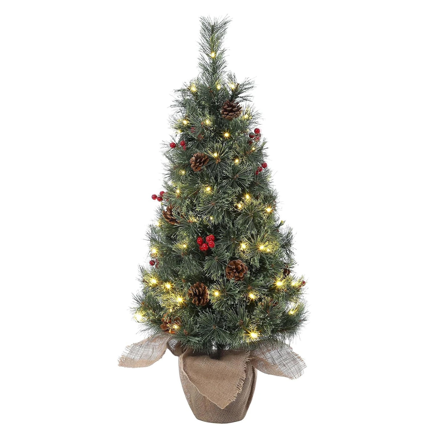 3 Ft Tabletop Prelit Christmas Tree, Small Lighted Xmas Tree with Burlap Base,Pine Cones,Red Berries,78 Led Lights