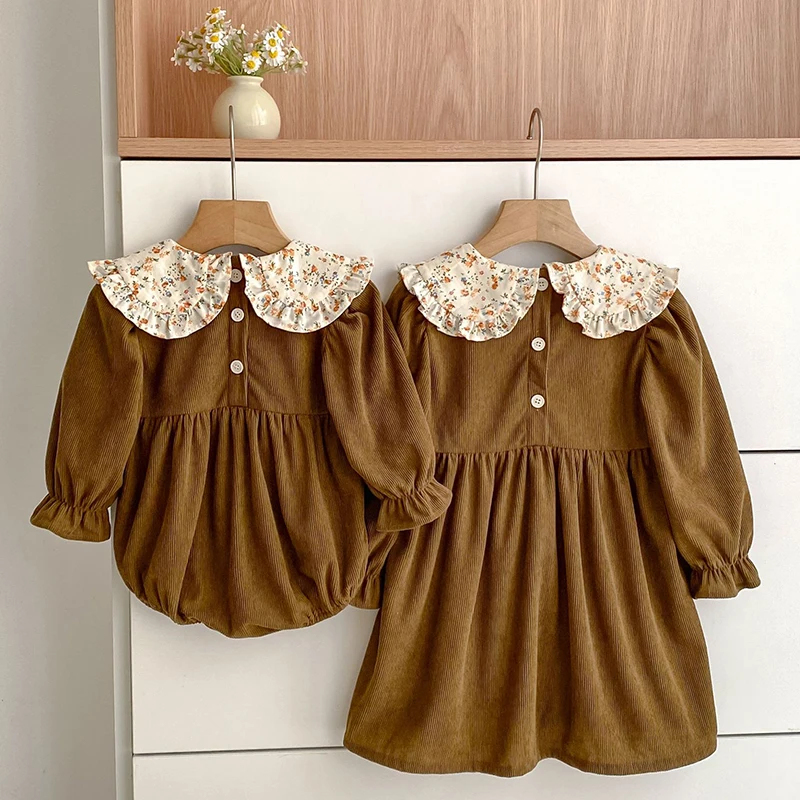 Neue Herbst Kinder Kleidung Schwestern Mädchen Party Prinzessin Kleid Cord Blume Kragen Kleid Baby Mädchen Strampler Kinder Schwestern Kleider – Detail 12