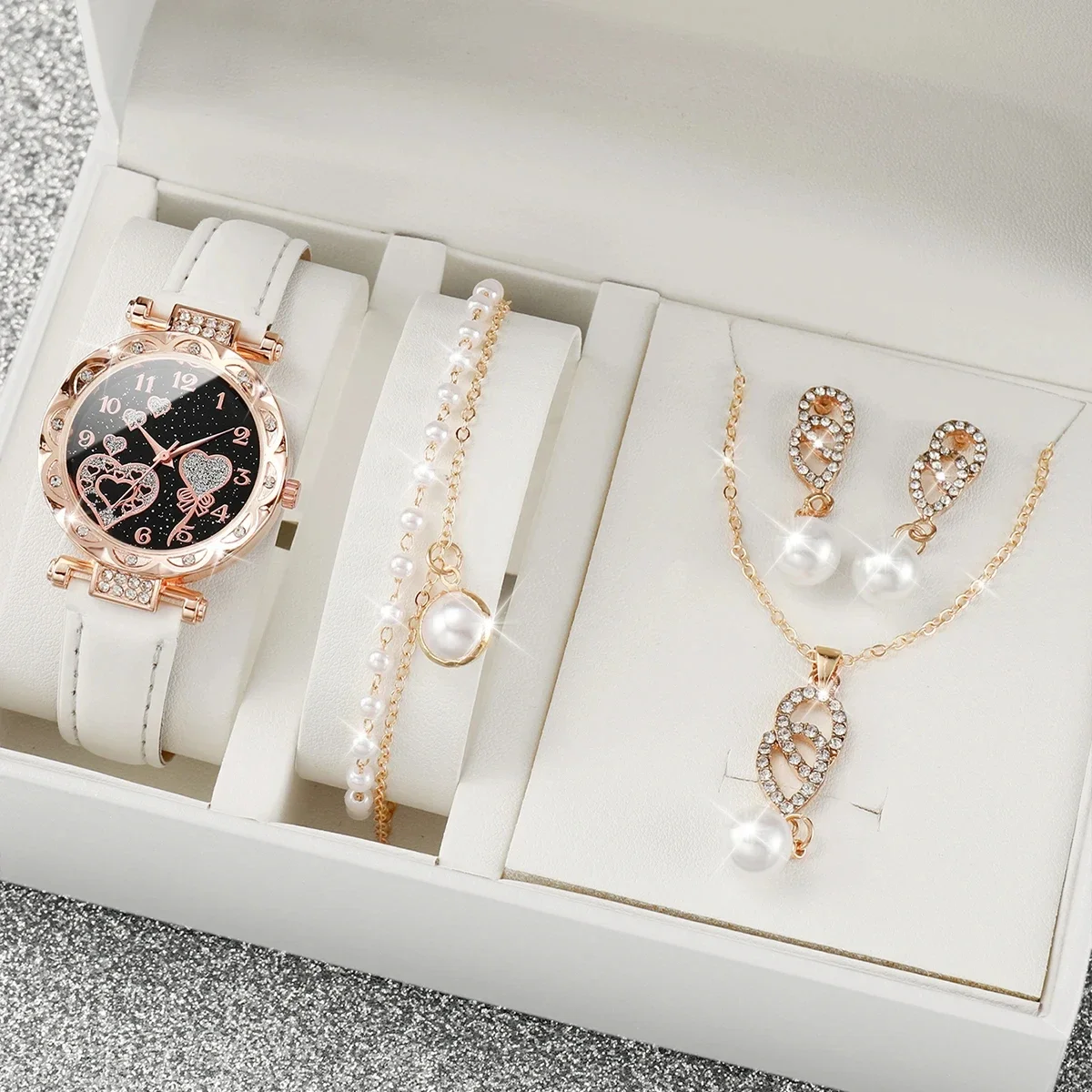 

4pcs/set Women's Shiny Rhinestone Quartz Watch Analog PU Leather Wrist Watch & Faux Pearl Jewelry Set Gift For Mom Her ﻿