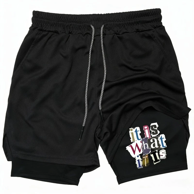 Men Running Shorts Fitness Gym Training 2-in-1 Harajuku Phone Pocket Quick Dry Workout Towel Loop Jogging Double Deck Leisure