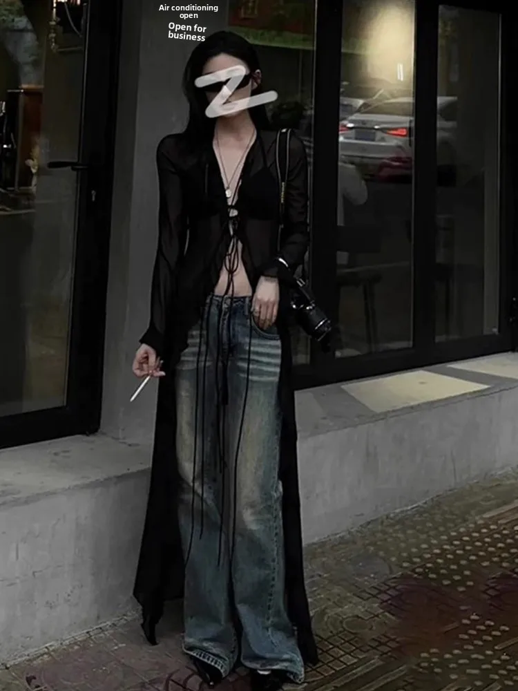 K Сексуальная девушка Прозрачный длинный кардиган с запахом Свека Тонкий легкий весенне-летний кружевной глазок Корейский Sle Commute Faion