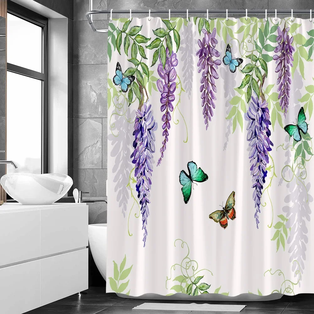 Flower Landscape Shower Curtains Floral Butterfly Flamingo Rose Garden Landscape Rural Scenery Bath Curtain Set Bathroom Decor