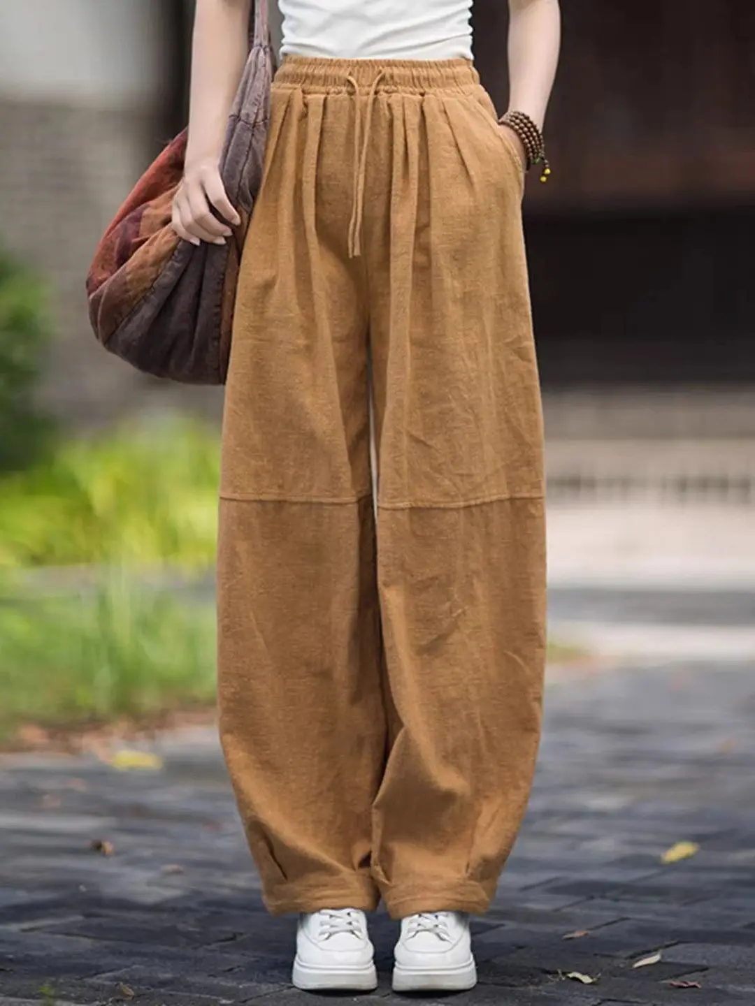 

Женские брюки-харланы из хлопка и льна, свободные повседневные длинные брюки с эластичным поясом, летние и осенние, новые, с высокой талией, прямого кроя