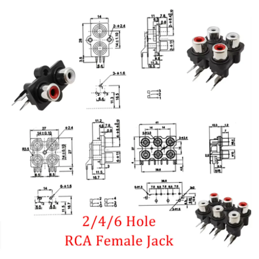 1Pcs 2/4/6 Hole RCA Female Plug Stereo Audio Jack Audio AV Socket Input Plug Lotus Series Amplifier Interface Signal Connection