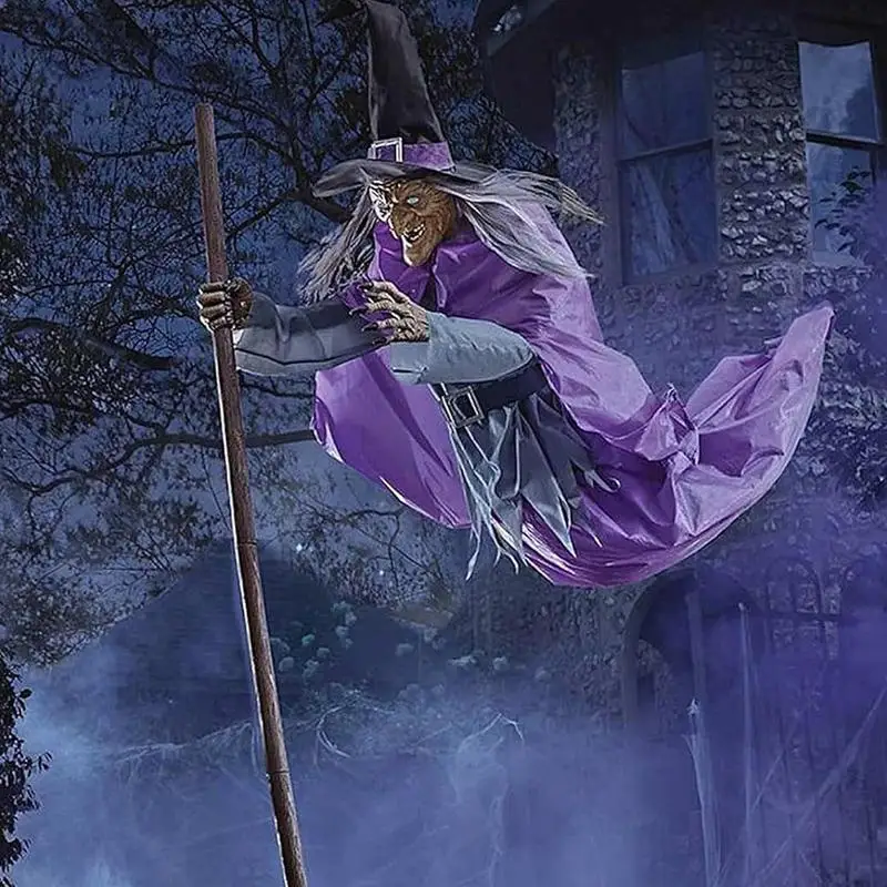 6 Feet Halloween Decoration Voice Control Purple Witch Large broom Hanging Ghost LuminousSoundmaking Bar Ghost House Horror