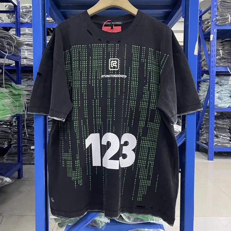 

Hole Damaged Washed Vintage RRR123 Green Digit Waterfall Rain Print T Shirt Men Women High Quality Back Flame Print T-shirt Tops