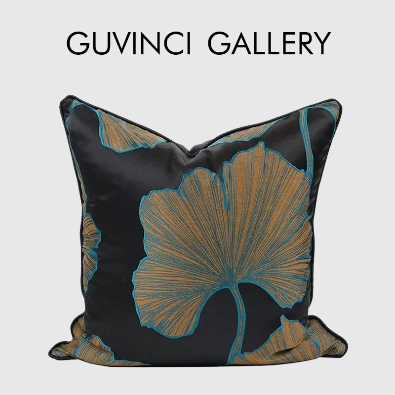 GUVINCI Ginkgo Leaves Jacquard Throw Pillow Cover Black And Brown Luxury Satin Decorative Cushion Case American Style Home Decor