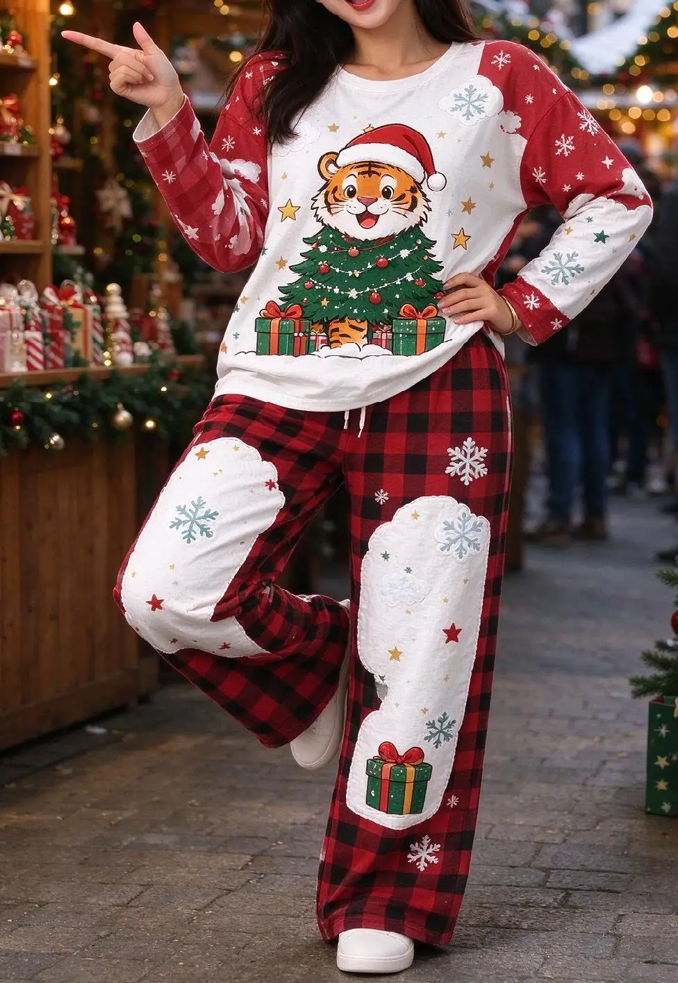 Women Imitation Cotton Loungewear Set Christmas Color Block Tiger Tree Gift Snowflake Print Long Sleeve Wide Leg Pajamas