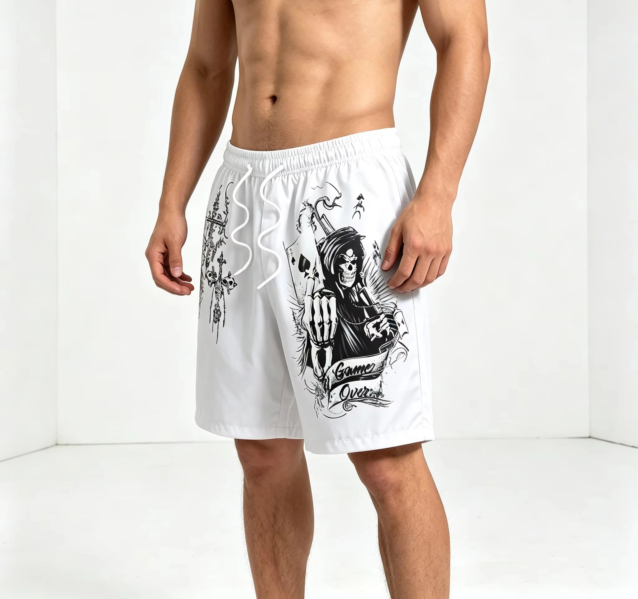 Grim Reaper & Gothic Cross Pattern Print Fashion Shorts Running Workout Gym Sports Male Casual Shorts Trend Thin Vacation Shorts