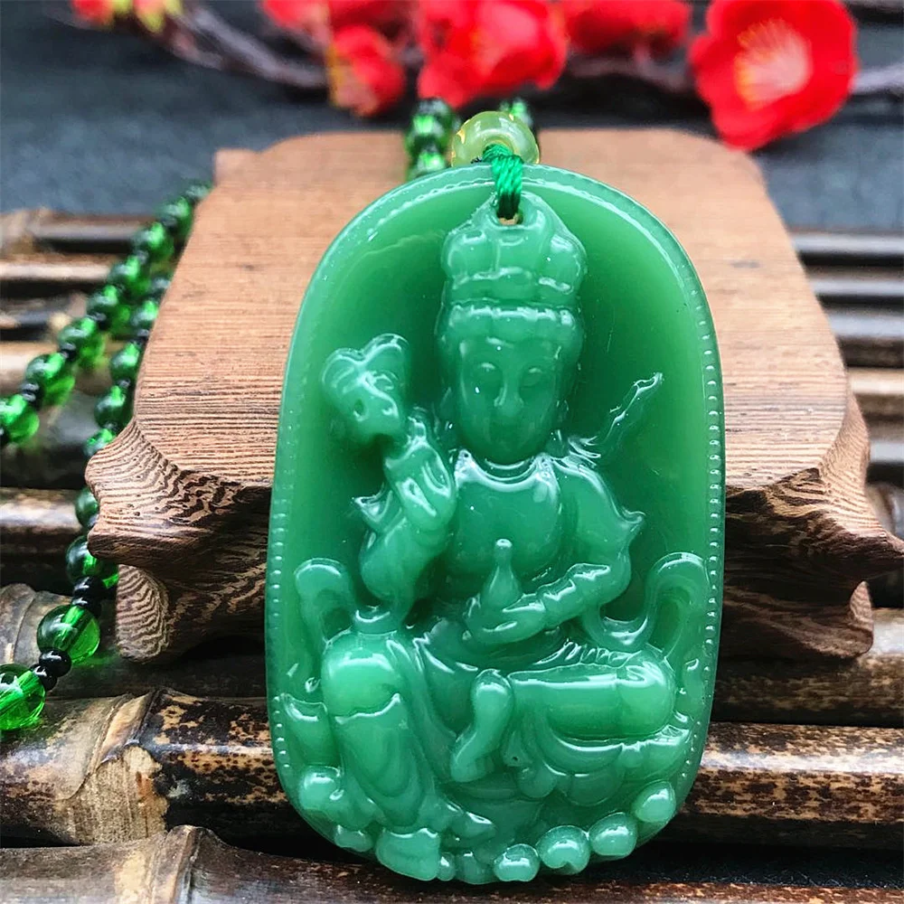 Charm Green Jade Stone Hand-Carved ZhongKui GuanYin Buddha Pendant Necklace Chinese Amulet Women Man's Trendy Lucky Jewelry Gift