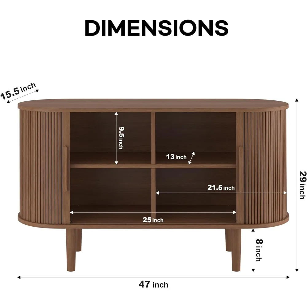 47'' Sideboard Tambour Storage Cabinet, Buffet Cabinet with Storage, Storage Cabinet with Tambour Sliding Doors and Handles