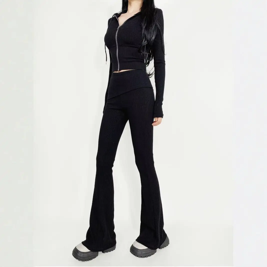 

Вязаный кардиган с капюшоном, топы, женский тонкий свитер на молнии с длинными рукавами, осенний шикарный комплект с отложным подолом, слегка расклешенные брюки