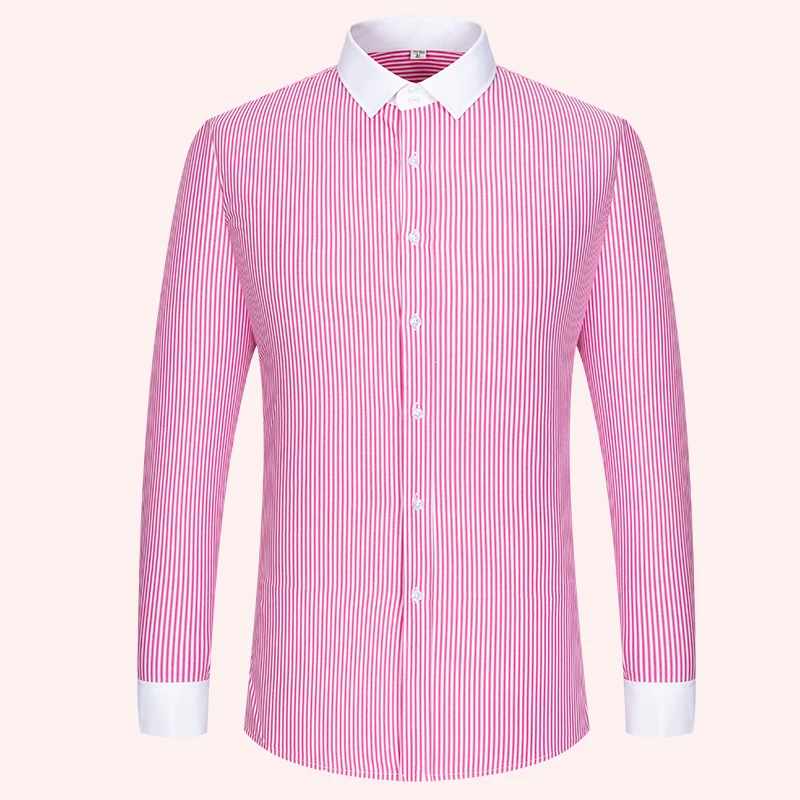 Camisa con gemelos franceses para hombre, corte ajustado de manga larga, cuello contrastante, vestido formal de negocios a rayas rosas, top para hombre