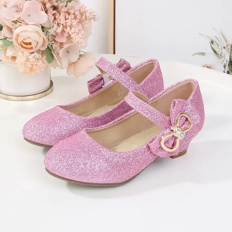 Girl Princess Leather Shoes Children's High Heels Fashion Sequins Bow Tie Student Performance Dance Shoes 3-12 Years Old