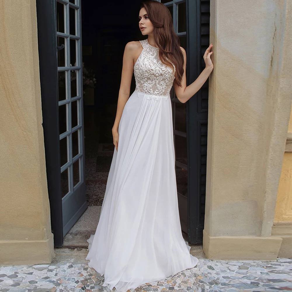 Exquisite Halter Chiffon Wedding Dresses Sleeveless Backless Long Bridal Gowns платье вечернее فساتين السهرة