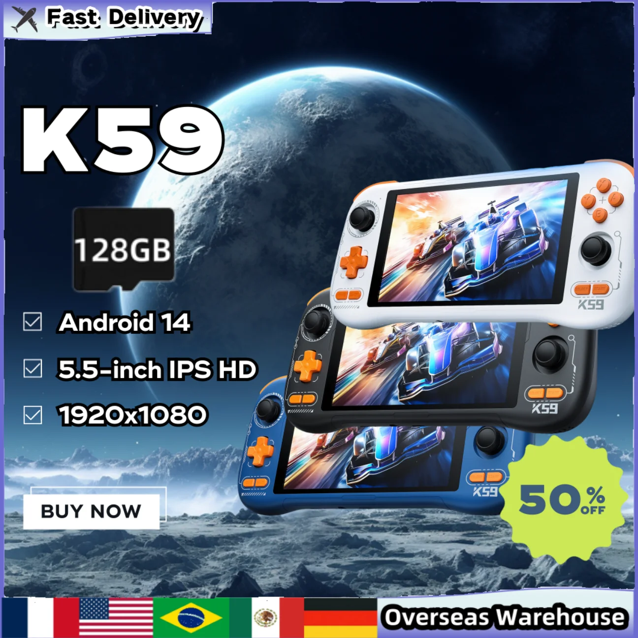 

Портативная игровая консоль K59 с 5,5-дюймовым IPS HD-экраном, Android 14, плавный игровой процесс, ретро-плеер, 128 ГБ, подарок для мальчиков