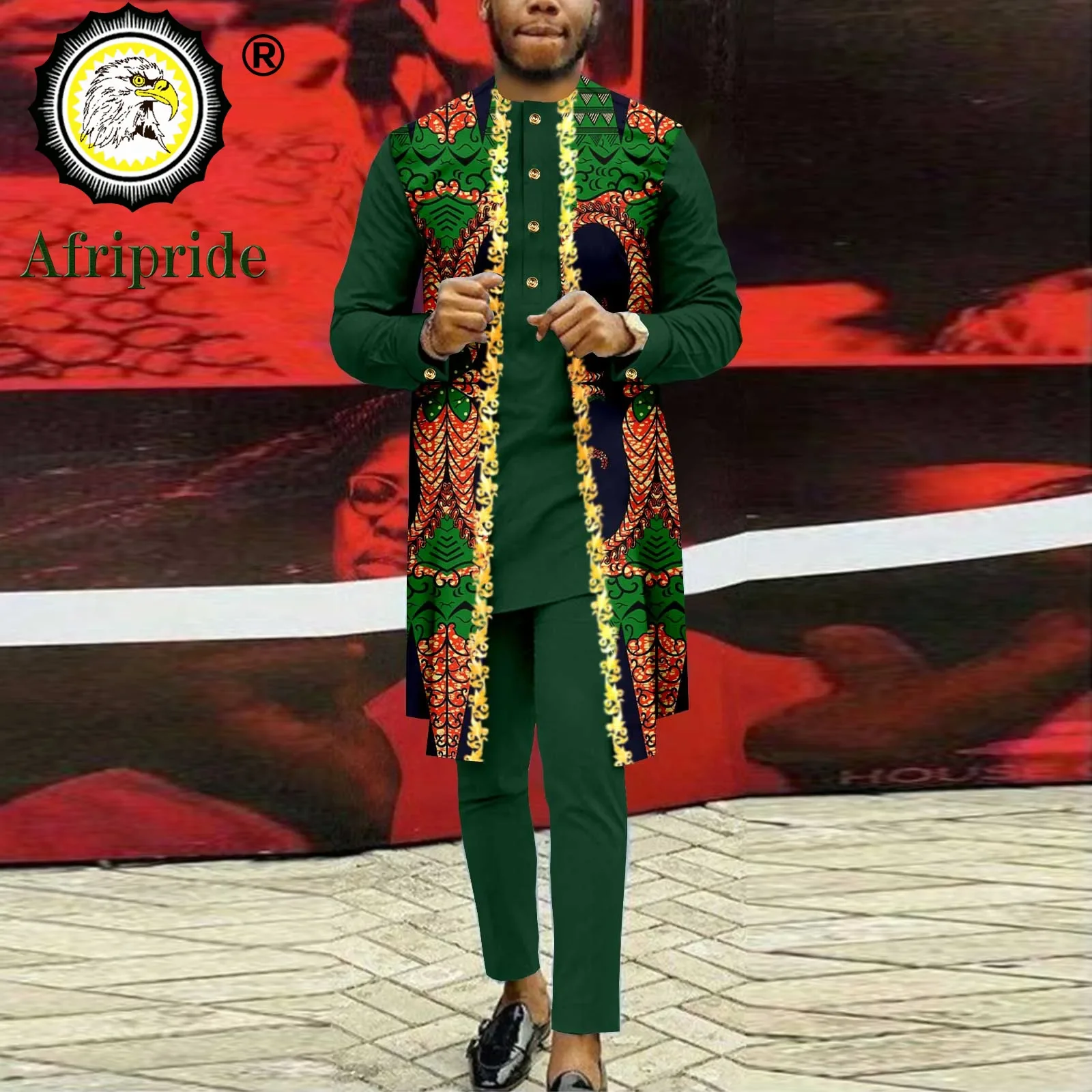 African Clothing for Men Single Breasted Embroidery Shirts and Pants 2 Piece Set Print Outfits for Party Wedding A2416013