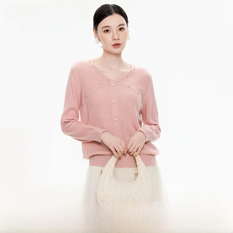 

9Mei Women's Pearl Decorated Overhead Sweater V-Ne Long Sve Winter Faion Inner Wear Outerwear Casual Color Blo