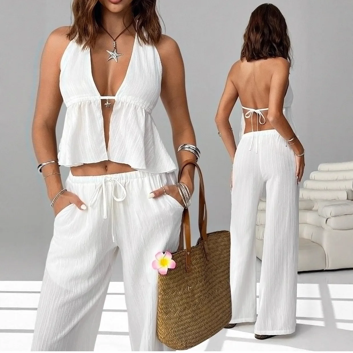 Women's Halter Deep V Backless Sleeveless Ruffle Top and Drawstring Wide Leg Pants Two Piece Set Versatile Vacation Style Outfit