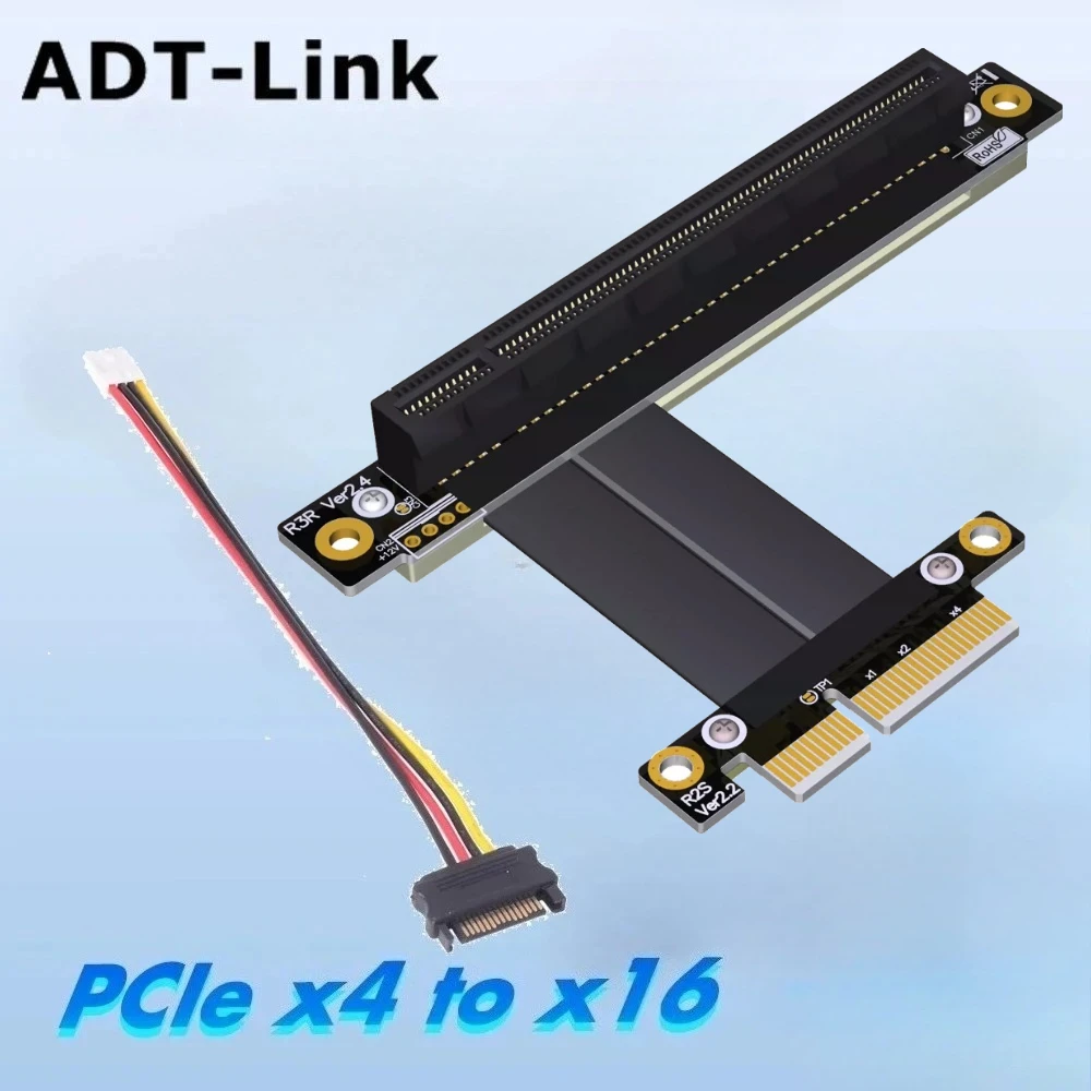 90 Degree Connector PCI-E 3.0 X4 To X16 Extension Cable R23SF-PW 32G/bps PCIe 3.0 4x 16x Riser Card Ribbon Extender W 4Pin Power