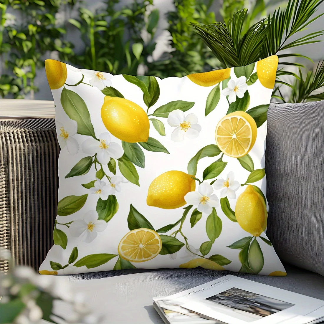 1pc Fresh Lemon Floral Printed Throw Pillow Cover,Suitable for Sofa, Bedroom, Living Room, Easily Create a Refreshing Atmosphere