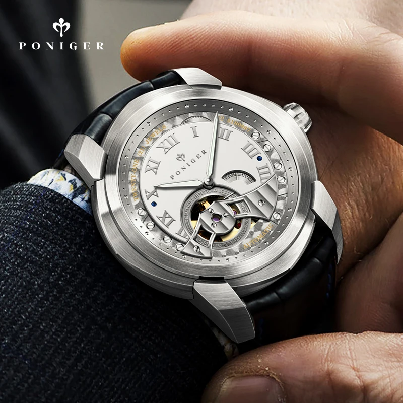 PONIGER 45mm Orologio da uomo 5ATM Impermeabile Scheletro Design meccanico Lancette luminose Orologio automatico da uomo