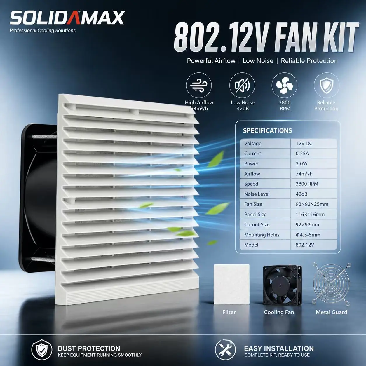 SOLIDAMAX 116mm Cabinet Ventilation Filter Fan Kit 802, IP54 Waterproof Cooling DC 12V for Electrical Enclosure