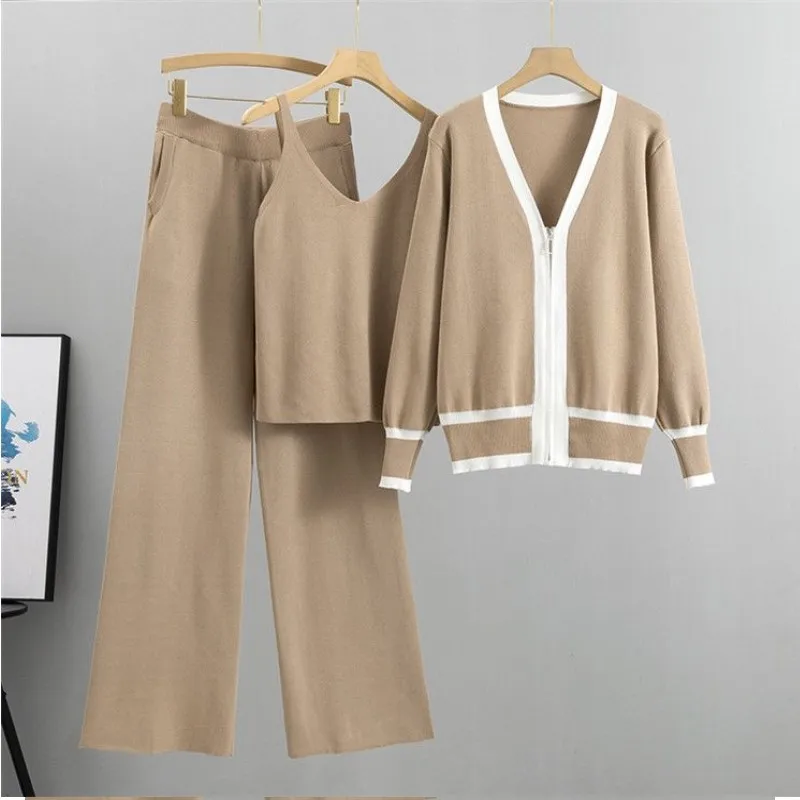 Women Winter Casual Y2K Suit Cardigan Vest Sweater And Pant Three Piece Set Outfit Knitted Fashion Solid Classic Clothing Female