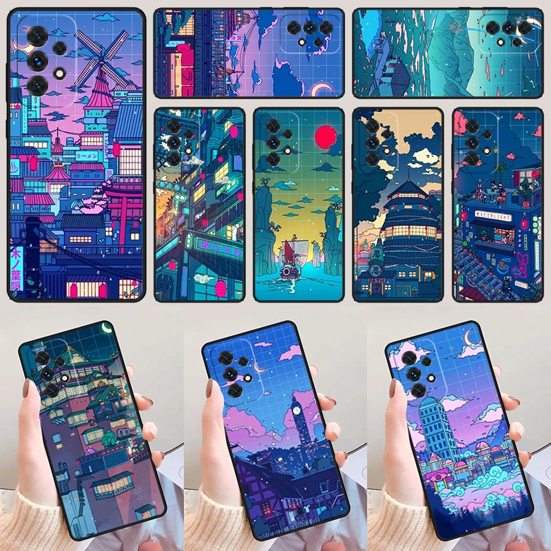 Cyberpunk Village Neon Anime para Samsung A52, A72, A73, A20e, A21S, A50, A70, A11, A12, A42, A31, A40, A51, A71, A32, A80, funda de teléfono