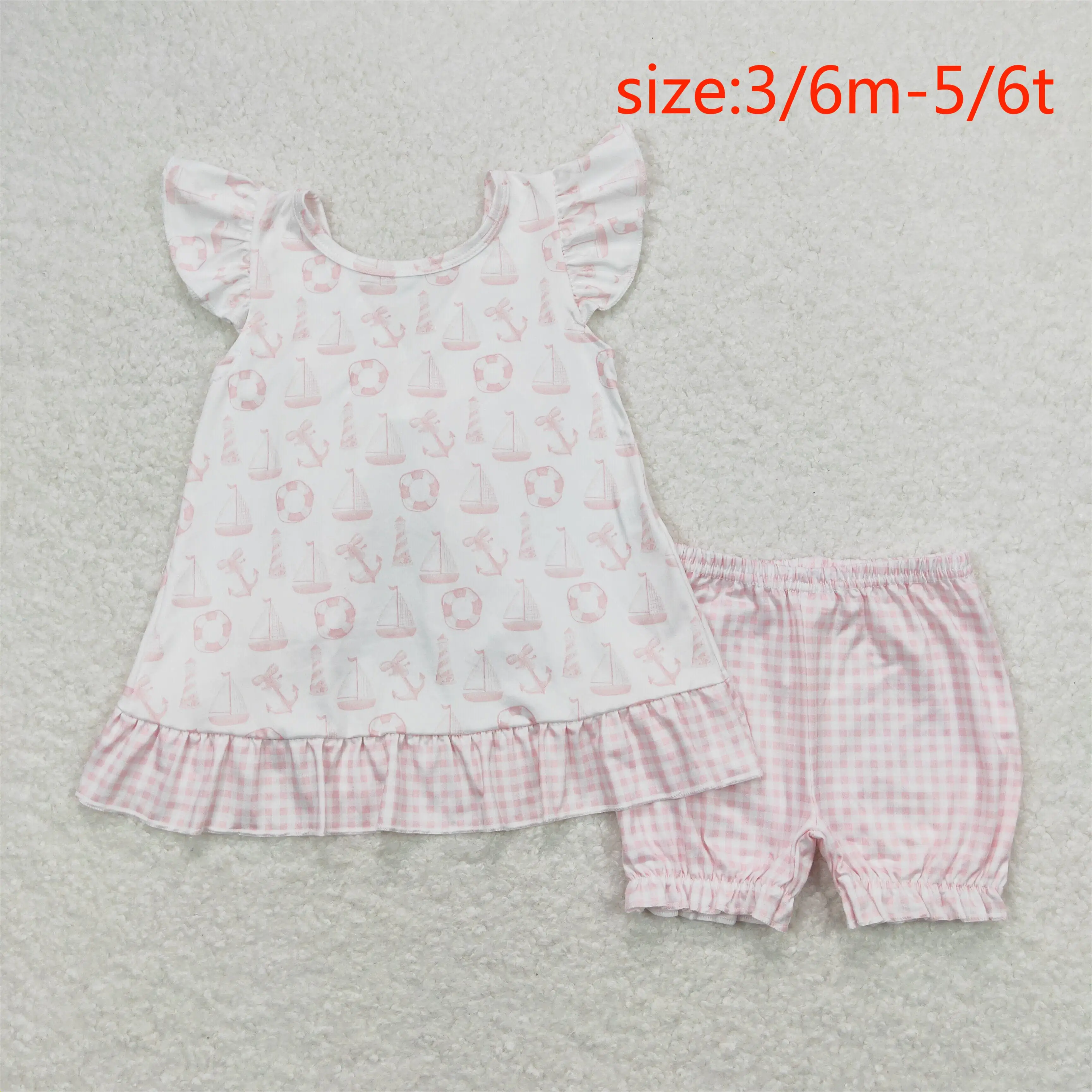 

GSSO0748 Wholesale summer baby girls sets Swim ring pink and white plaid bow flying sleeve shorts suit baby girl clothes kids