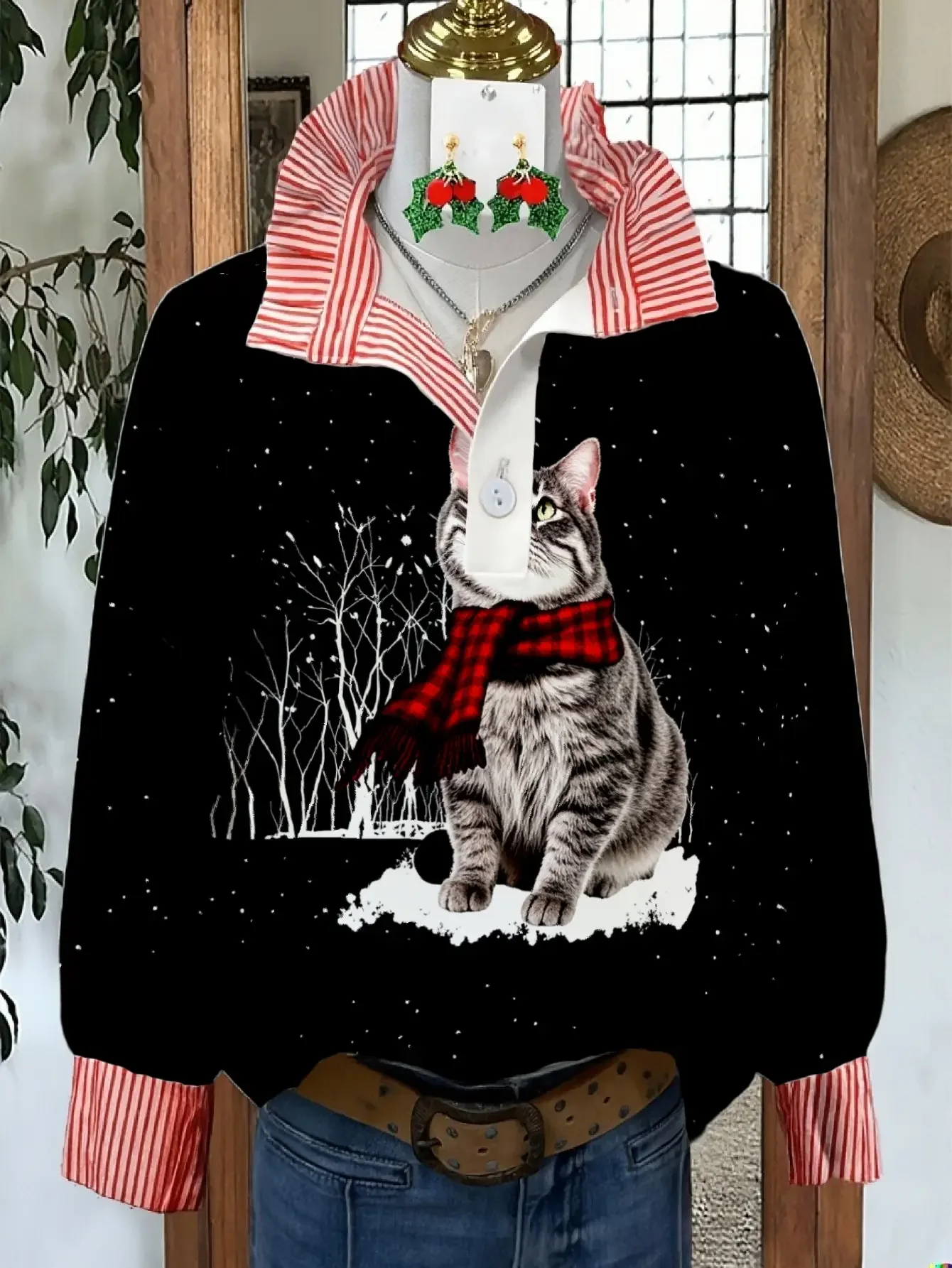 2026 Ladies' striped casual shirt with multi-color striped collar and Christmas Cat Pattern