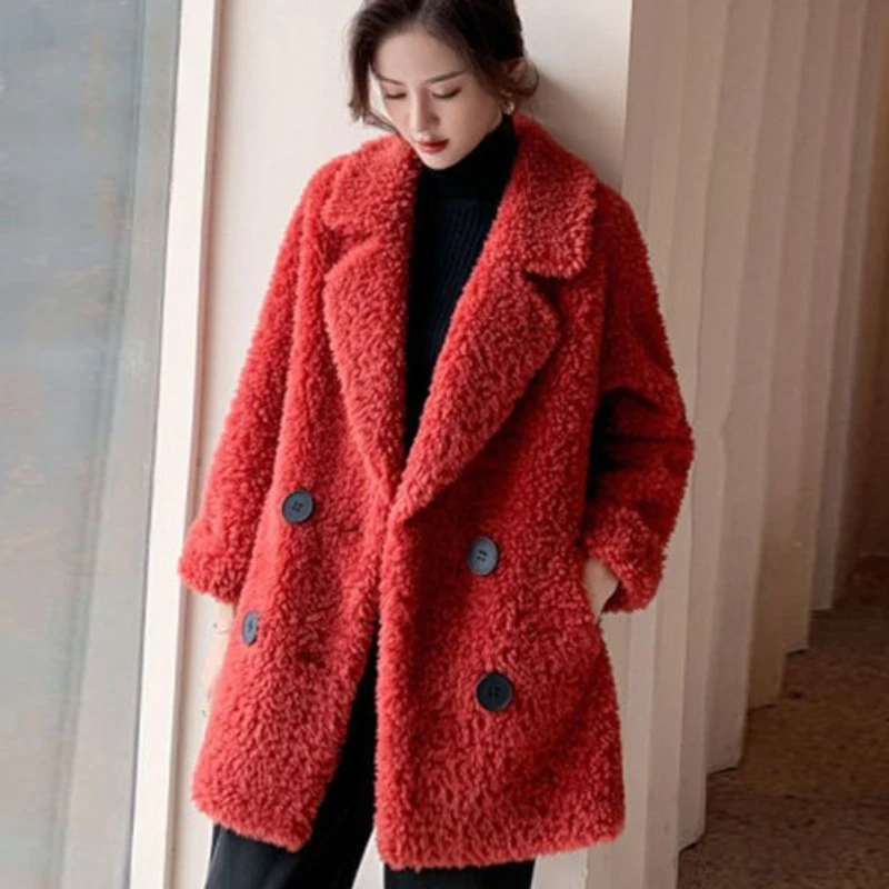 

2023 Winter New Women Faux Fur Coat Mid Length Version Loose Outwear Thicken Warm Lamb Wool Parkas Fashion Solid Color Outcoat