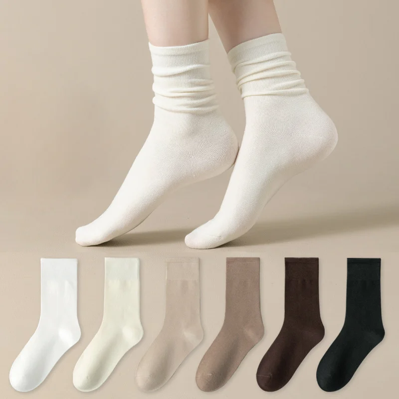 5 Socks Pairs Medium Tube Set Cotton Knitted Loose Long Soft Solid Color Crew Casual Sock Black White Breathable Spring Autumn