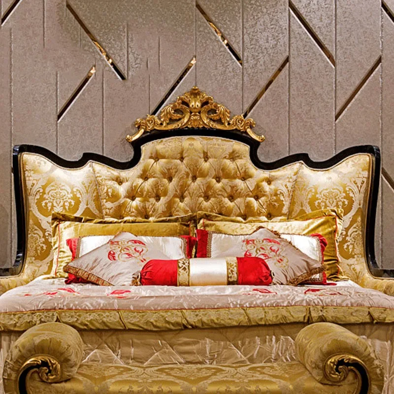 Nordic Beds Double French Solid Wood Home Leg Fabric Upholstered Backrest Women Gold Bed Luxury Dormitorio Platform Furniture