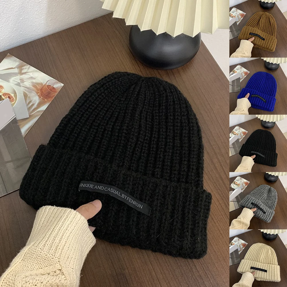 

Mens Womens Trendy Simple Winter Woolen Knitted Hat LargeSize Wool Hat Warm Lining Thick Stretch Solid Color Cap Thermal Hat