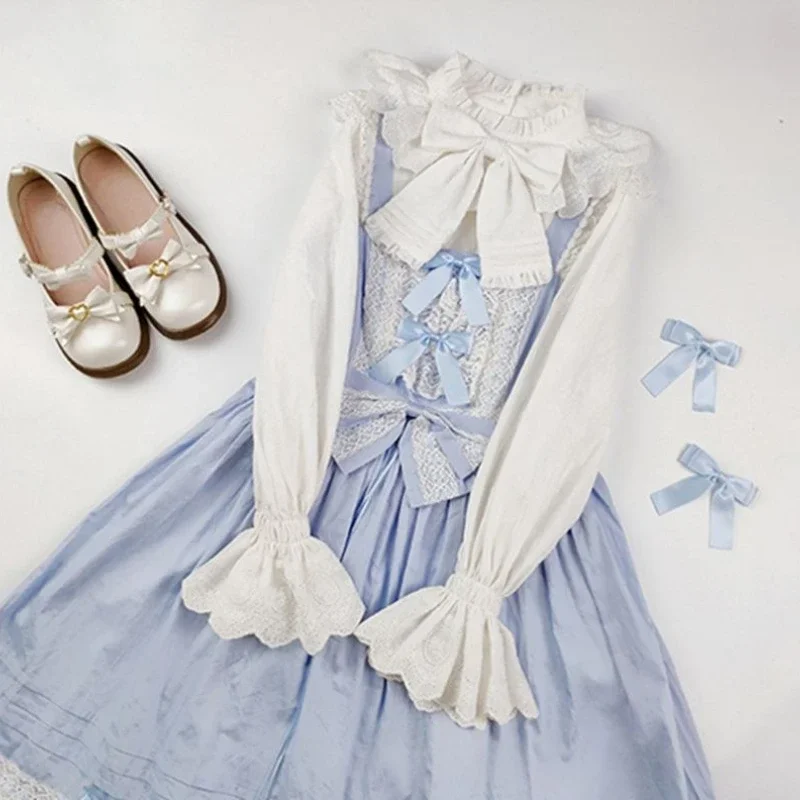

Harajuku Sweet Lolita Рубашка с половиной шеи Женская элегантная кавайная мода Лук Топы с длинными рукавами Повседневная японская милая рубашка JK Clhing