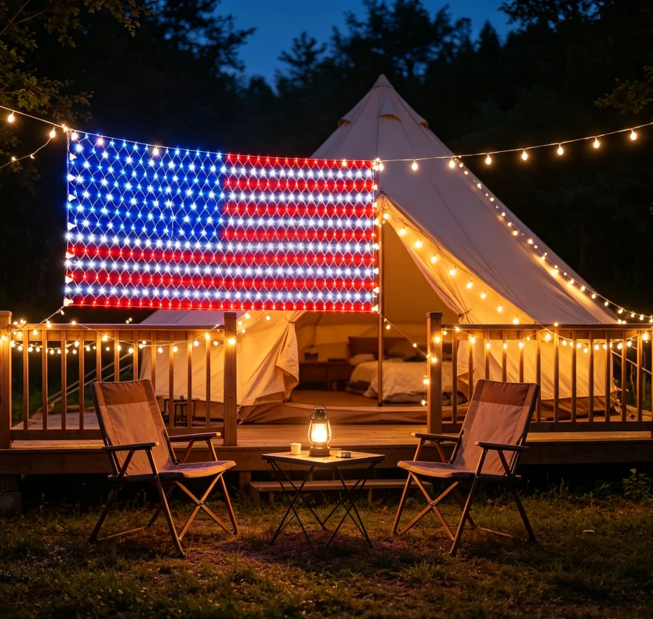 390-ledアメリカ国旗ライトネット防水屋外装飾ランプ110vプラグイン独立記念日パーティー用愛国的な照明