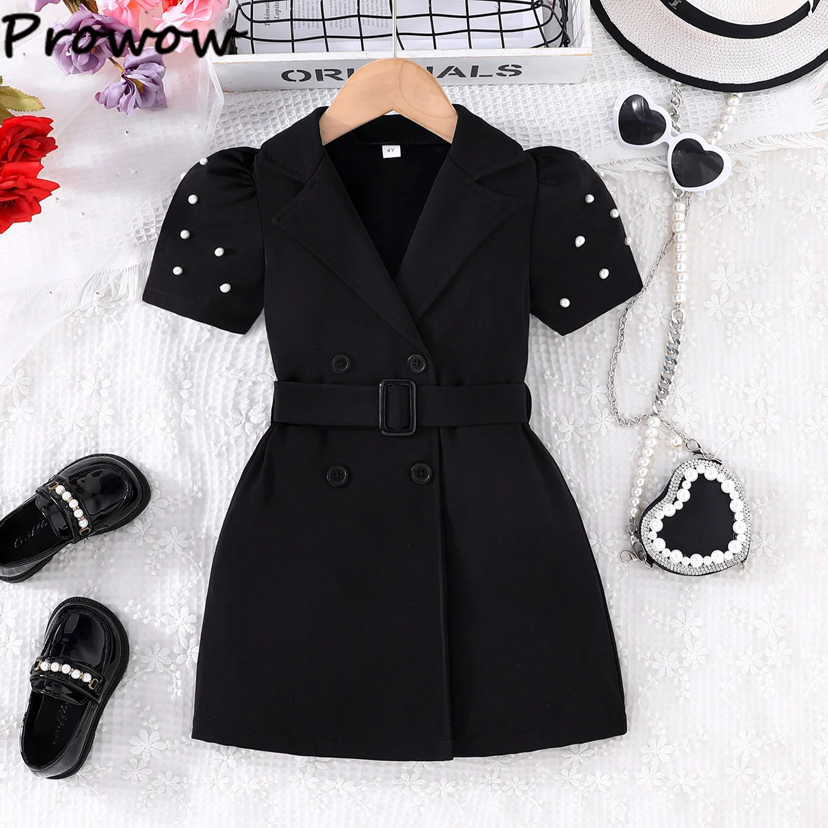 Prowow, vestidos de fiesta para niñas, chaqueta con solapa y cinturón, vestido de cumpleaños con cuentas para niñas, ropa de verano para niños, vestido informal para niñas