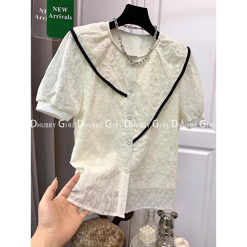 

Summer Puff Sleeve Chic Female Shirt Summer Spell Color Round Neck Simple Women Shirts Casual Top