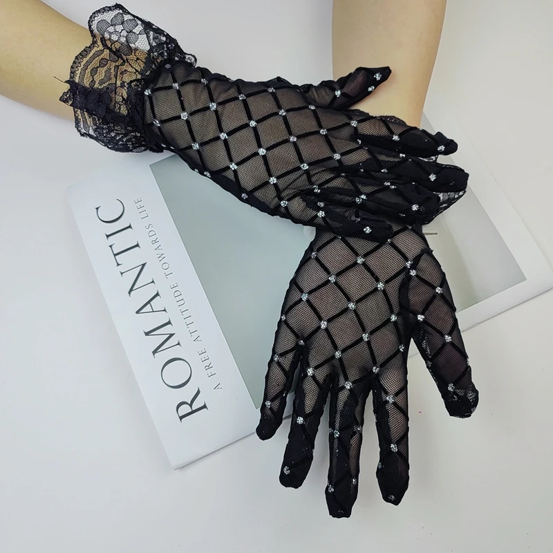 Sexy Lace Rhinestone Gloves Halloween Black Mesh Elegant Short Women Gloves Shiny Diamond Mittens Costume For Bridal