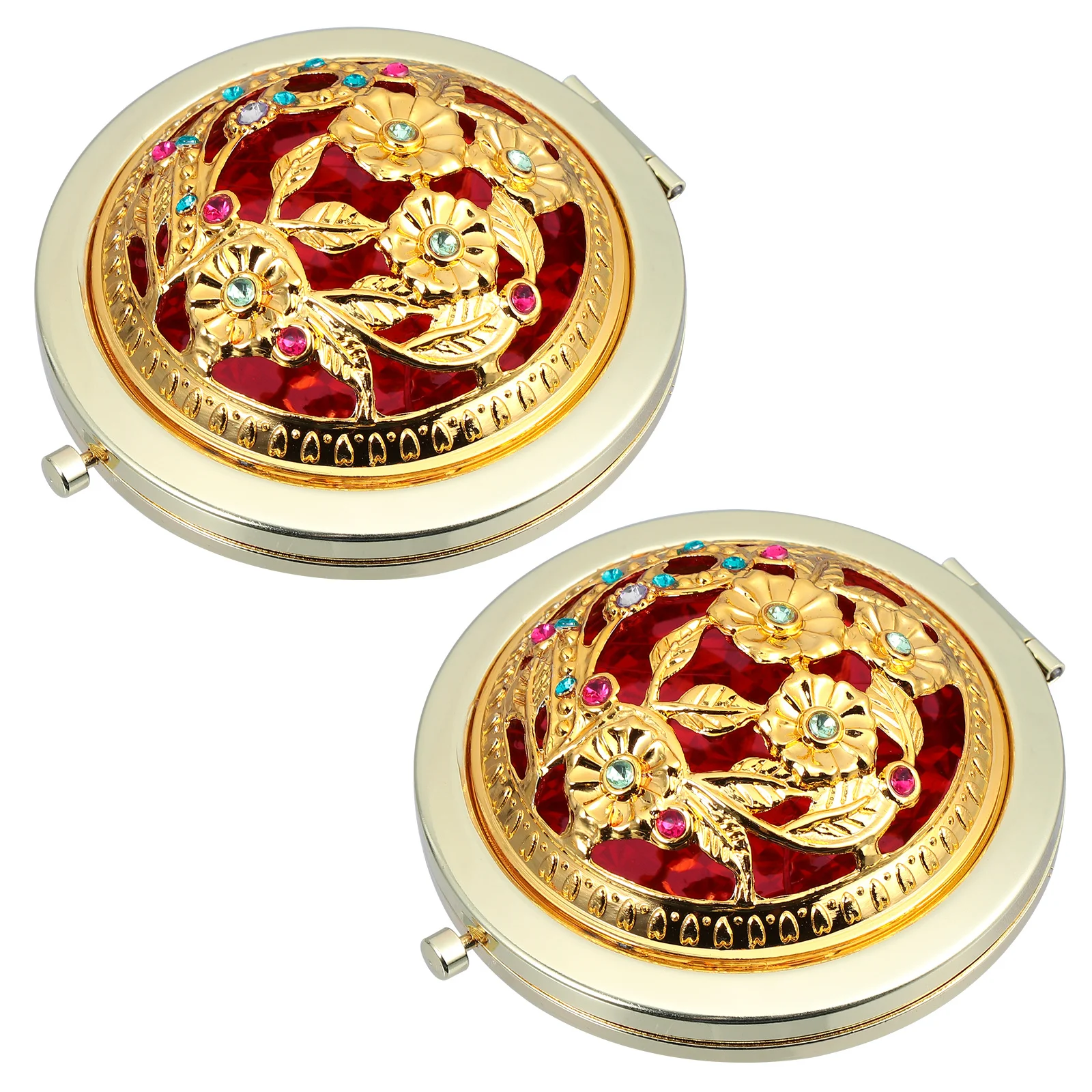 

2Pcs Makeup Mirror Compact Foldable Double-Sided Pocket Handheld Retro Hollow Design Lightweight Travel Mirror