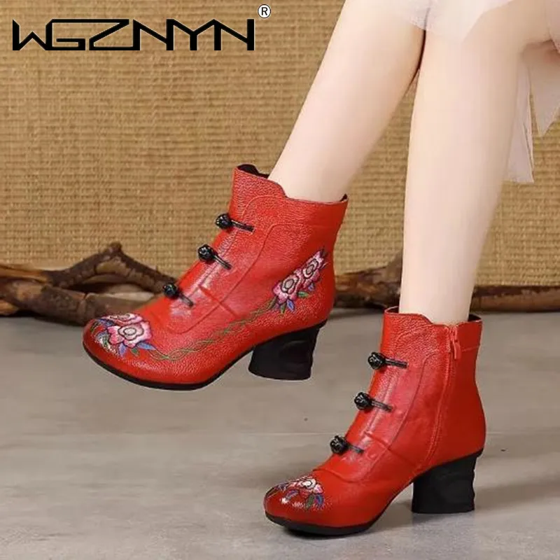 Floral Ankle Boots For Women Autumn Winter Genuine Leather Women\'s Boots Retro Handmade Comforable Shoes High Heels Botas Mujer