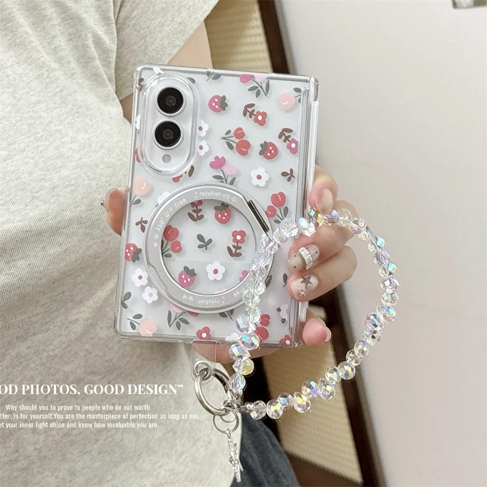 Cute Strawberry Floral Magnetic 360°Rotating Stand Case For Samsung Galaxy Z Fold 8 Protection For Magsafe Hard PC Phone Cover