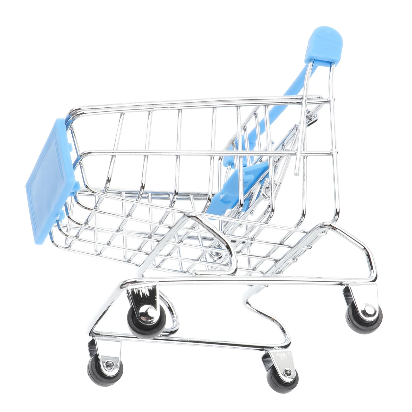 

Mini Shopping Cart Metal Sky Blue Miniature Pull Out Child Seat Rolling Wheels Creative Desk Organizer Gift Basket
