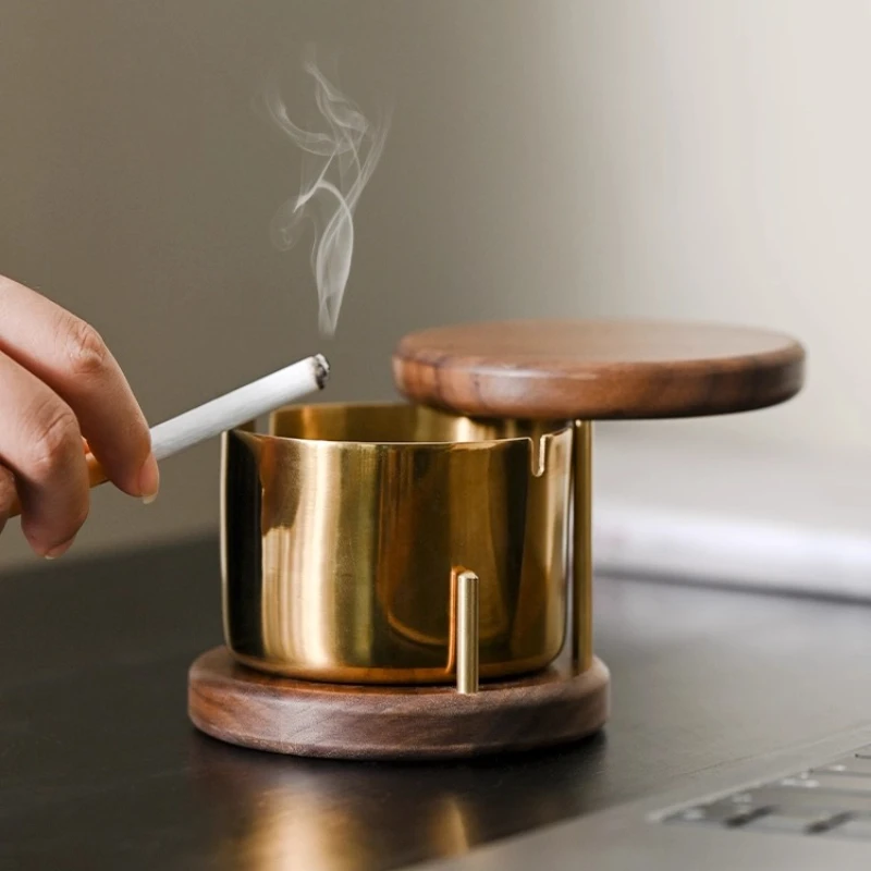 Black Walnut Creative Ashtray Chinese Style Office Living Room with Lid Anti-ash Flying Solid Wood Rotatable Ashtray