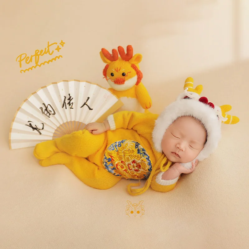 Baby Photography Props Costume Accessories Yellow Chinese Dragon Theme Jumpsuit Hat Dragon Doll Props Studio Photoshoot Outfits