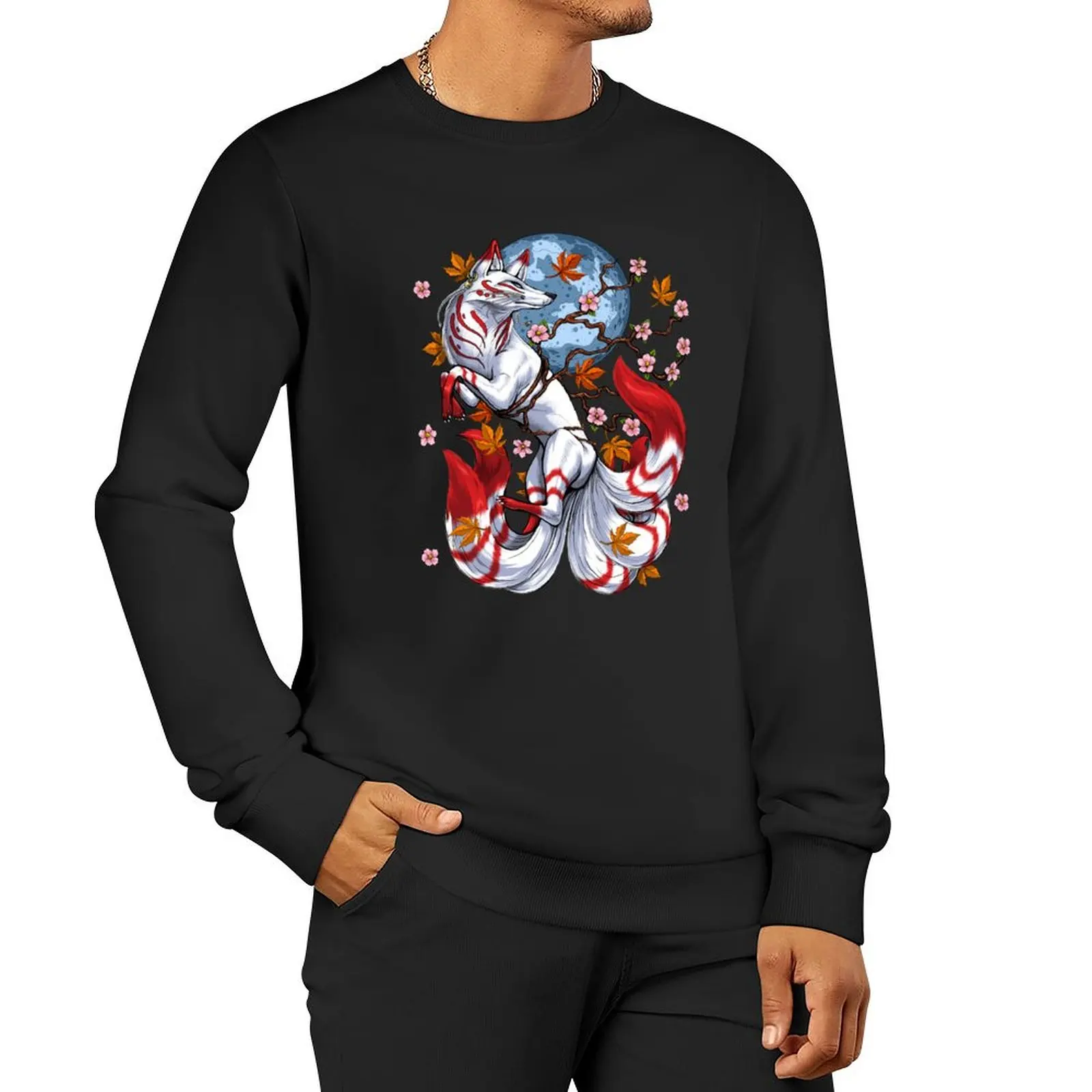 Japanese Fox Kitsune Pullover Hoodie men's sweat-shirt set winter clothes sweatshirt for men
